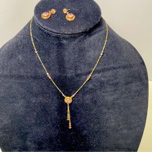 Liz Palacios SF Gold Tone and Pink Rhinestones Lariat Necklace and Earrings